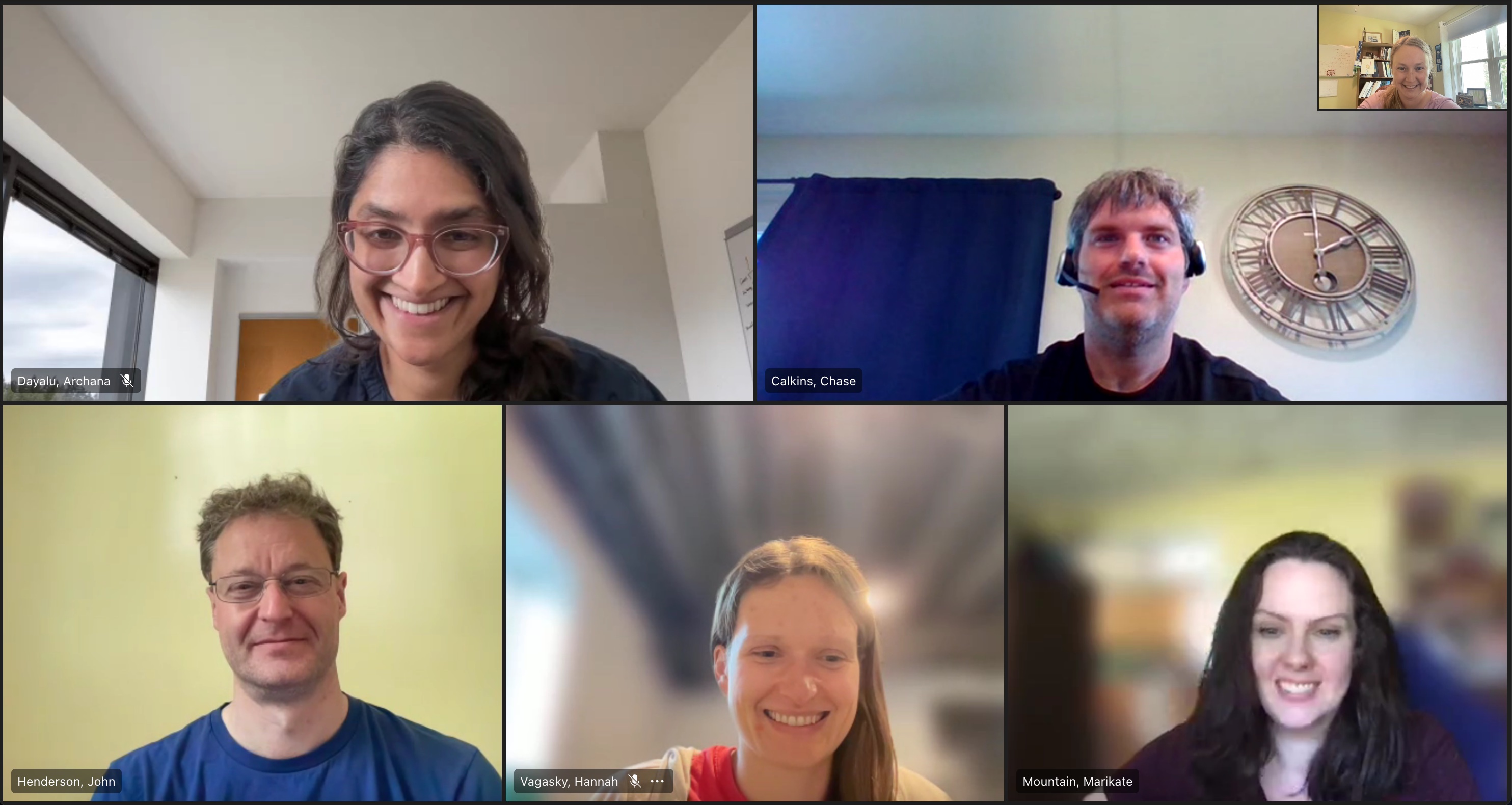 Adams-Selin (inset, upper right) leads AER’s Atmospheric Components and Processes Section. Team members pictured here, clockwise from upper left, are staff scientist Archana Dayalu, senior research associate Chase Calkins, staff scientist Marikate Mountain, senior research associate Hannah Vagasky, and senior staff scientist John Henderson. Photo is courtesy of Adams-Selin.