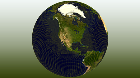This model of the North American Regionally Refined Model grid shows the grid refinement that includes a 100-kilometer grid globally and 25 kilometers over North America.